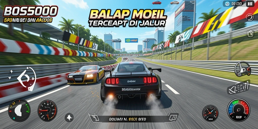 Screenshot gameplay menampilkan aksi balapan yang seru dan mendebarkan.