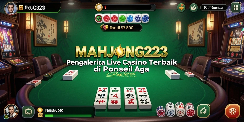 Screenshot gameplay MAHJONG222 menampilkan dealer profesional dan suasana kasino yang nyata.